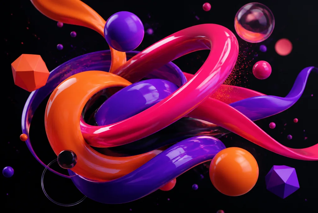 Ilustración 3D abstracta de formas y esferas coloridas en movimiento